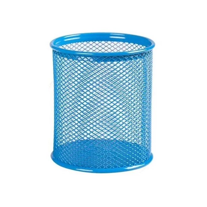 Suport din plasa metalica, pentru pixuri, forma rotunda, culoare albastru