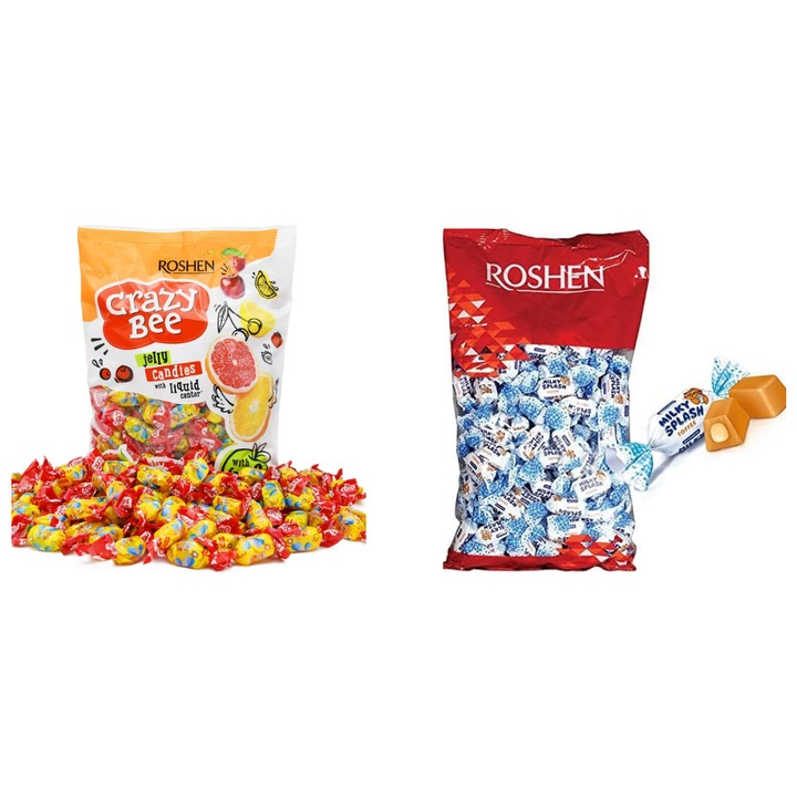 Jeleuri Crazy Bee Frutty, Roshen, Fructe, 1kg+ Caramele Roshen Milky Splash, 1kg