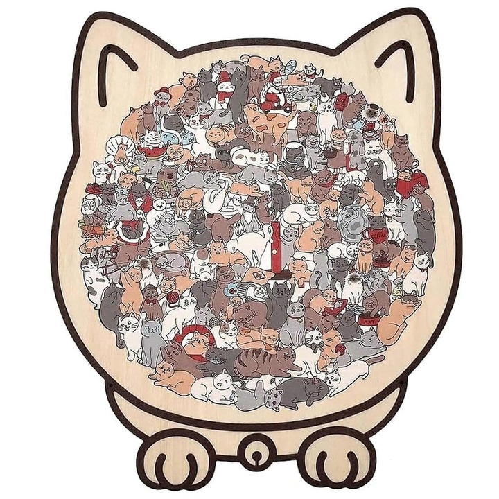 Дървен пъзел във формата на котка, 135 части, цветове Моранди, 23.7x21.8см