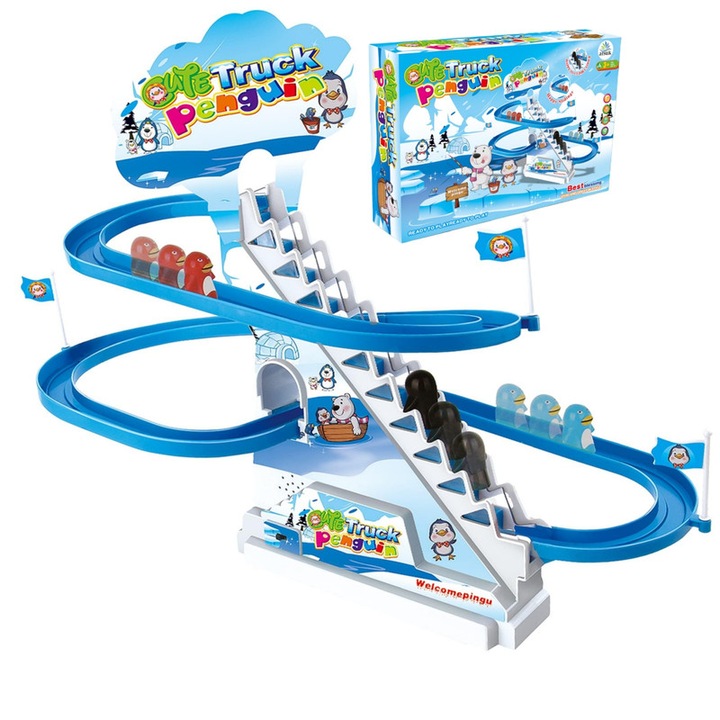 Interaktív játékszett csúszda 6 pingvinnel, fényekkel és hangokkal, 3+ év, élénk színek
