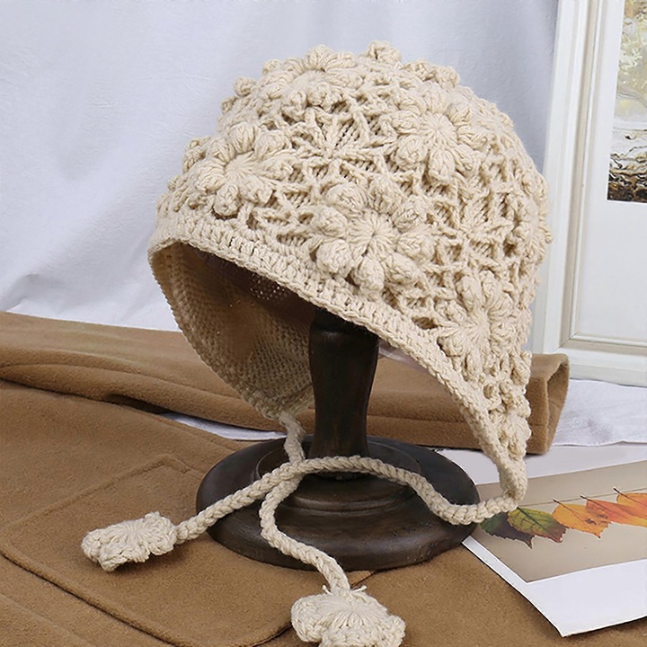 Caciula tricotata pentru femei, model cu floare, multicolor, 56-58cm, set 1 buc.