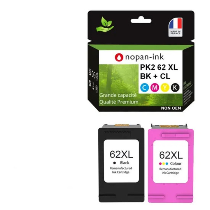 62XL Franciaországban készült, 2 felújított tintapatron HP 62 XL fekete / színes kompatibilis Envy 5540 5640 5642 5644 5646 7 nyomtatókhoz