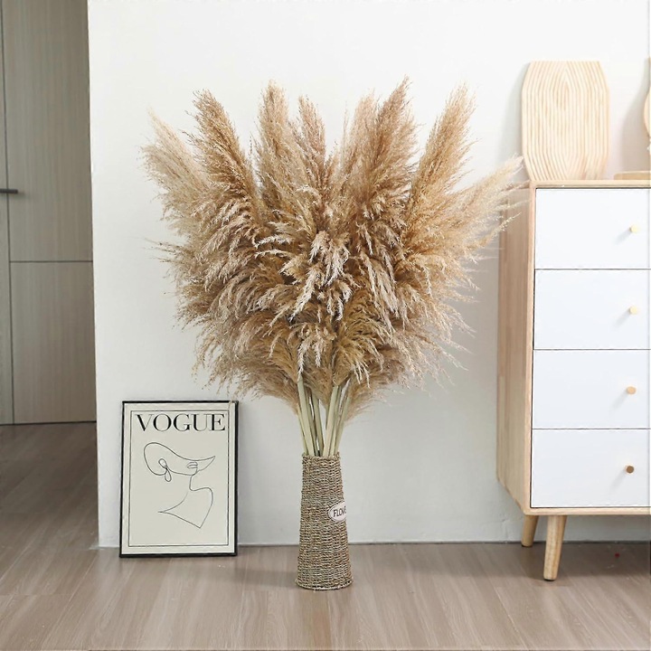 Set 12 tulpini iarba pampas naturala, 46 inch, maro, decor pentru vaze de podea