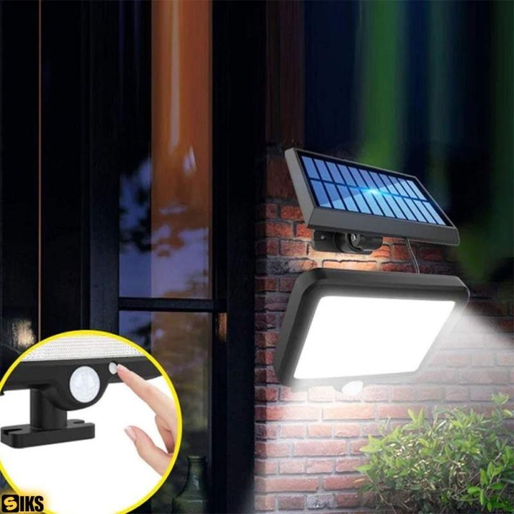 Lampa Solara LED De Exterior SIKS, Cu Telecomanda, Ajustabila, 120 COB LED, Senzor De Miscare Si Lumina, Baterie Inclusa 1200 mAh, 260 LM, Lungime Cablu 5 Metri, 12 Module, Rezistenta La Apa, Negru