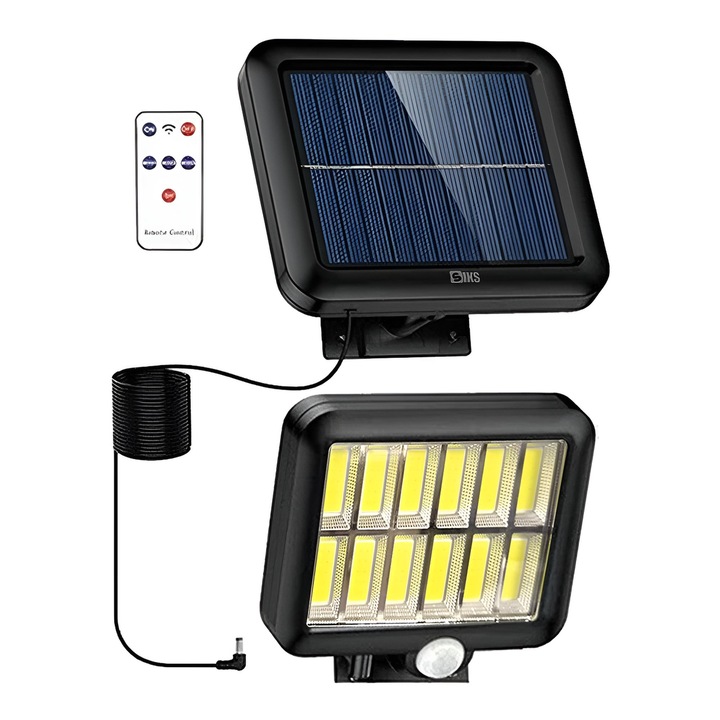 SIKS Соларна LED Външна Лампа, С Дистанционно Управление, Регулируема, 120 COB LED, Сензор За Движение И Светлина, Включена Батерия 1200 mAh, 260 LM, Дължина На Кабела 5 Метра, 12 Модула, Водоустойчива, Черна