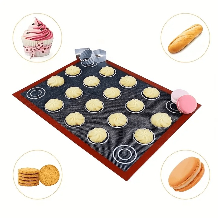 Covoras de Copt 2 in 1, Eclere & Macarons din Silicon, VALA® ECLAIR & Macarons, Micro Perforat pentru Distributie caldura, Fata dubla, Antiaderent, Antiderapant, Termorezistent, 40x30, Negru/Rosu