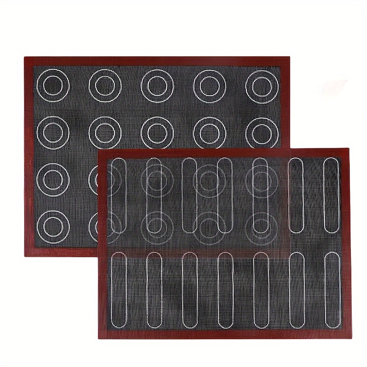 Covoras de Copt 2 in 1, Eclere & Macarons din Silicon, VALA® ECLAIR & Macarons, Micro Perforat pentru Distributie caldura, Fata dubla, Antiaderent, Antiderapant, Termorezistent, 40x30, Negru/Rosu