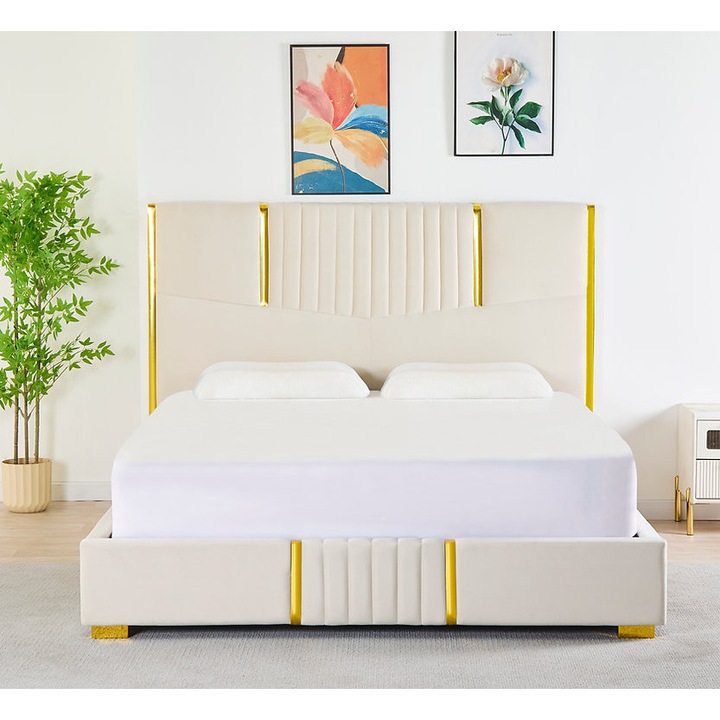 Pat Tapitat din Catifea Bej cu Somiera – 160x200 cm, Cod LB-215