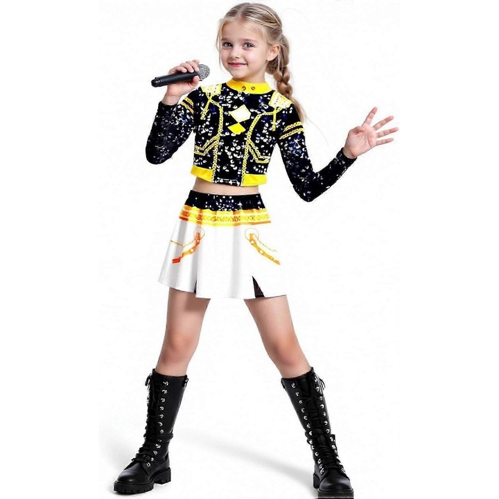 Costum de Halloween pentru fete, Kpop Demon Hunters, set cu jacheta alba, top scurt si fusta, multicolor, diverse dimensiuni