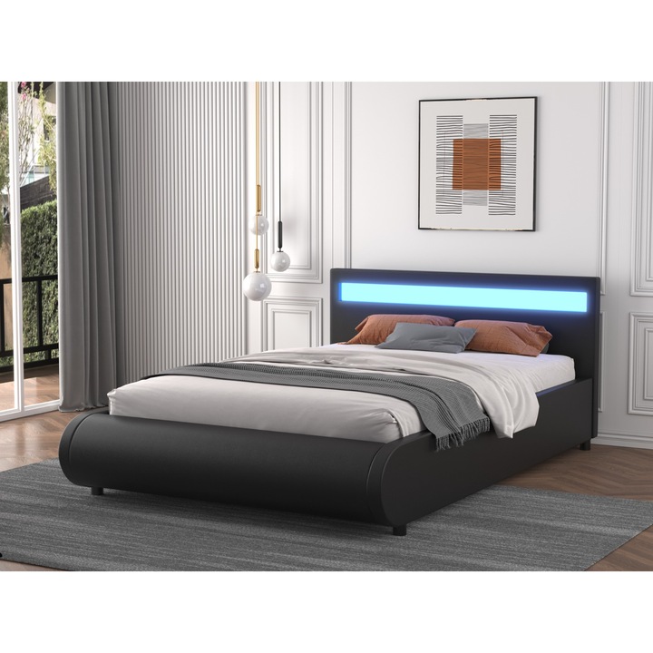 Pat 1125 Tapitat Piele Ecologica 160x200cm, cu iluminare LED integrata, Negru