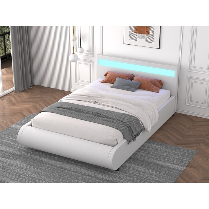 Pat 1125 Tapitat Piele Ecologica 160x200cm, cu iluminare LED integrata, Alb