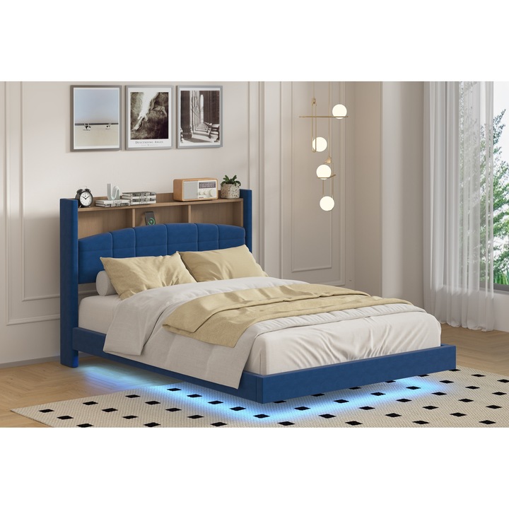 Pat A013 Tapitat Catifea 160x200cm, cu iluminare LED integrata, Albastru