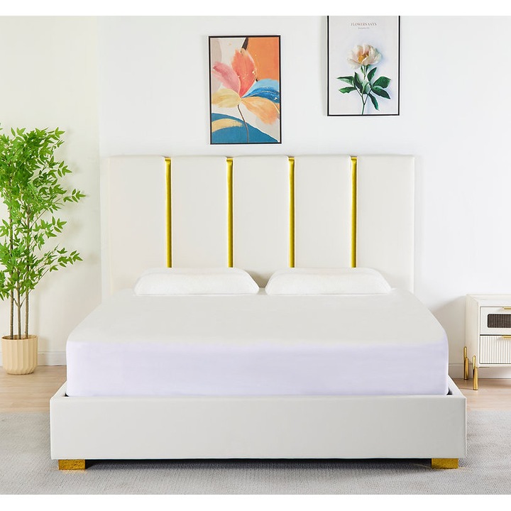 Pat Tapitat Piele Ecologica, Alb cu Somiera – 160x200 cm, Cod LB-214