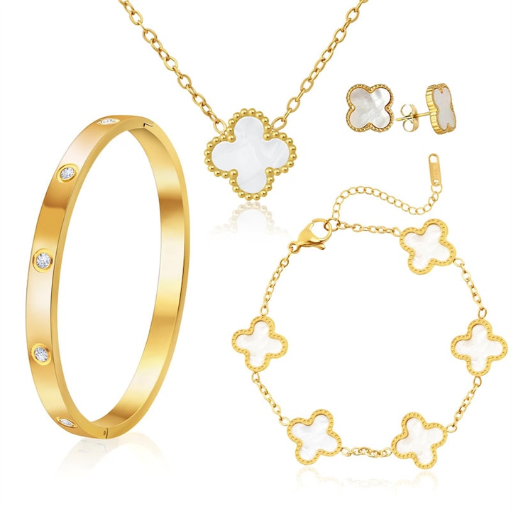 Set de bijuterii pentru femei, bratara, colier, cercei, bratara, otel inoxidabil placat cu aur de 18K, trifoi norocos cu patru foi, casual, la moda, 4 piese, aur