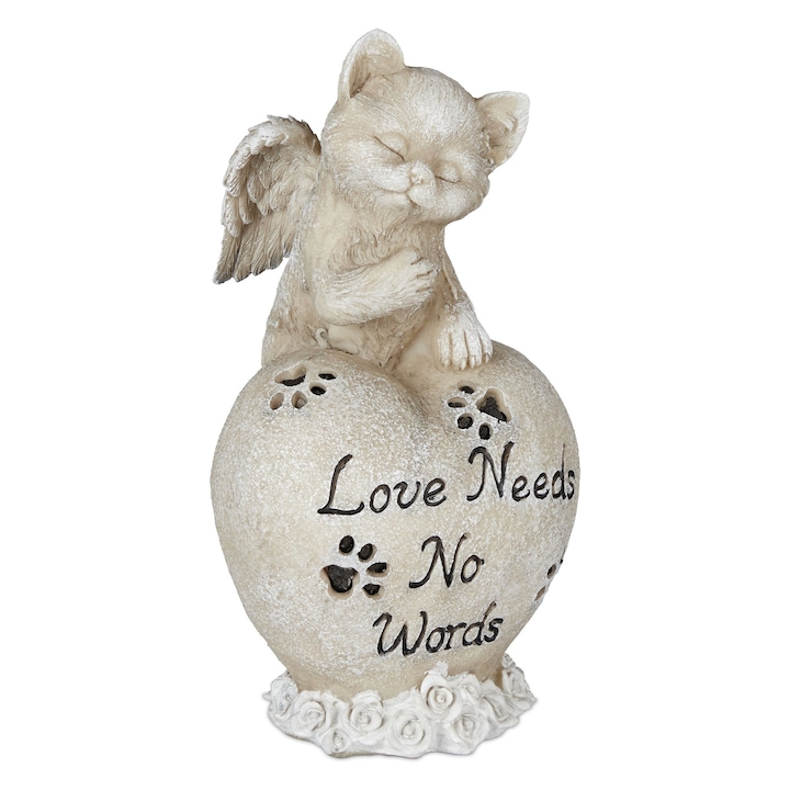 Decoratiune funerara comemorativa pentru pisica, ornament mormant din polirasina, inger pazitor cu inima si text in engleza, decor gradina sau interior