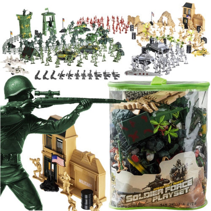 Baza militara set XXL 300 piese, figurine soldati si accesorii armata, tanc, avion, jucarie razboi cu soldatei din plastic, dezvolta strategia si imaginatia, cutie depozitare cu maner