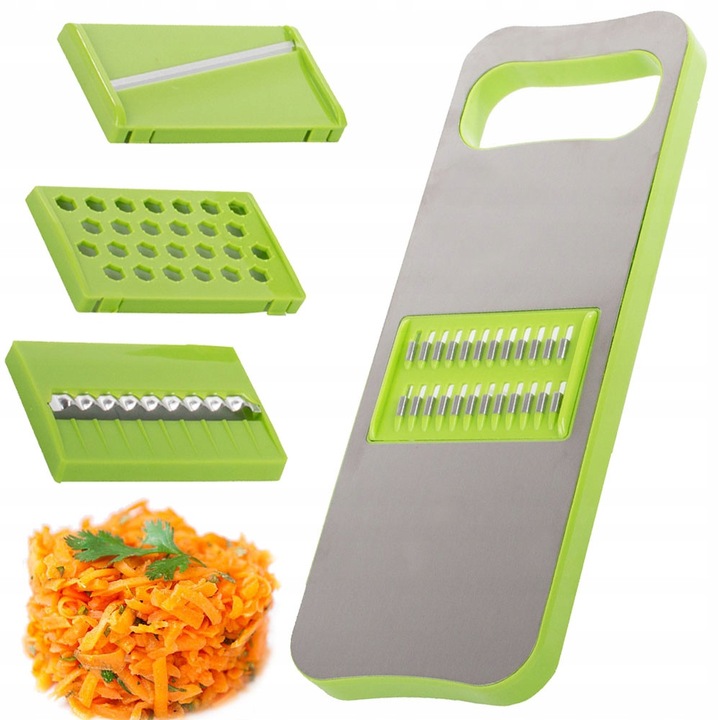 Rasnita si feliator legume si fructe 4 in 1, razatoare multifunctionala cu lame interschimbabile din otel, maner ergonomic si magnet pentru fixare, culoare verde inox