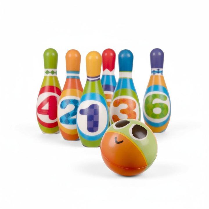 Set de bowling din spuma PU pentru copii, 5 popice mari numerotate si minge, joc distractiv =pentru interior/exterior, dezvolta motricitatea si invatarea numerelor