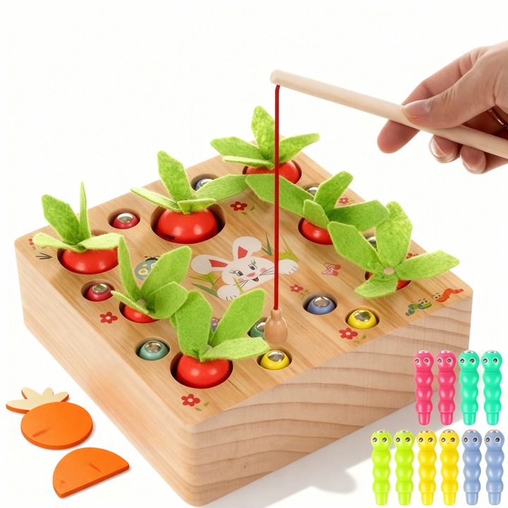 Gradina cu morcovi si pescuit de viermi magnetic, joc educational din lemn Montessori 2 in 1, dezvolta motricitatea fina si concentrarea, copii 3-7 ani