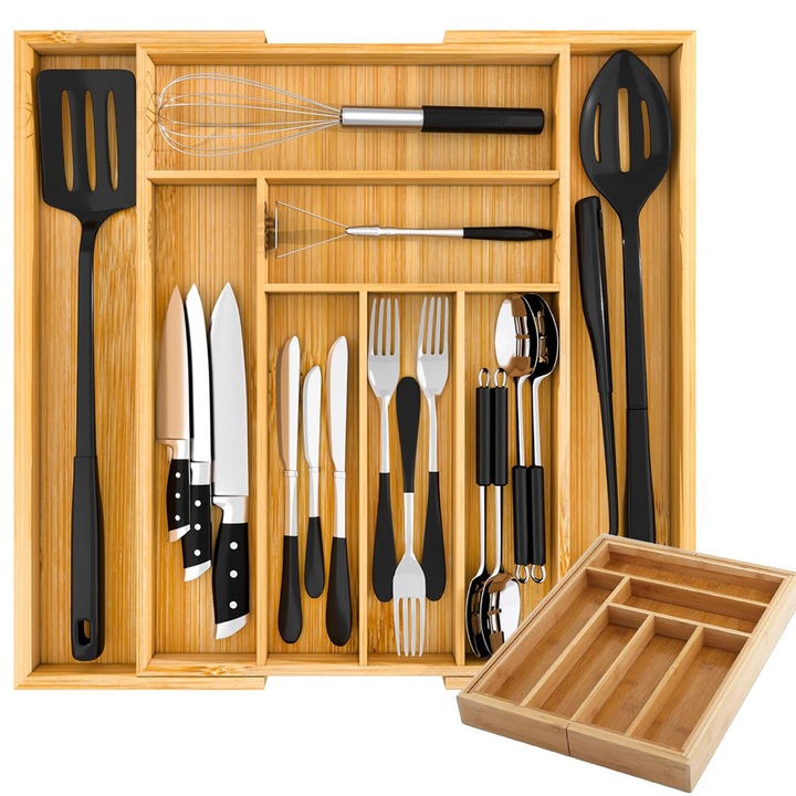 Organizator pentru tacamuri din bambus cu 8 compartimente, insert extensibil pentru sertar, 45 cm XL, suport elegant si durabil pentru cutite, linguri, furculite si ustensile de bucatarie