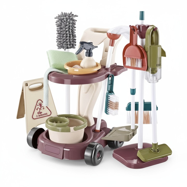 Set de Curatenie pentru copii 18 in 1 cu aspirator functional, carucior de transport si suport pentru accesorii, jucarie de rol interactiva dezvolta responsabilitatea, 3+ ani