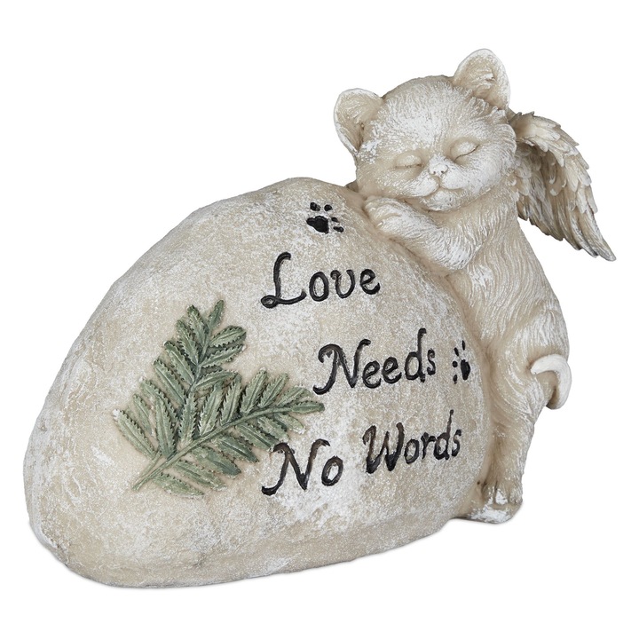 Piatra comemorativa pisica inger pazitor, ornament funerar crem, decor mormant animal de companie, polirasina rezistenta la intemperii, 20 cm