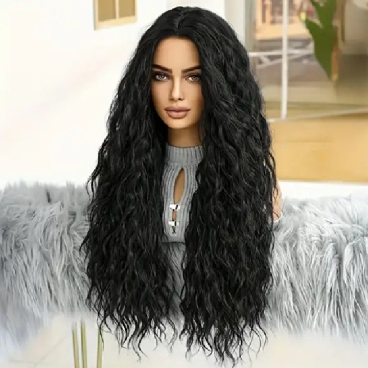 Peruca lunga Negru deschis, 66 cm, creata, deasa, fibra sintetica cu aspect natural, fara breton
