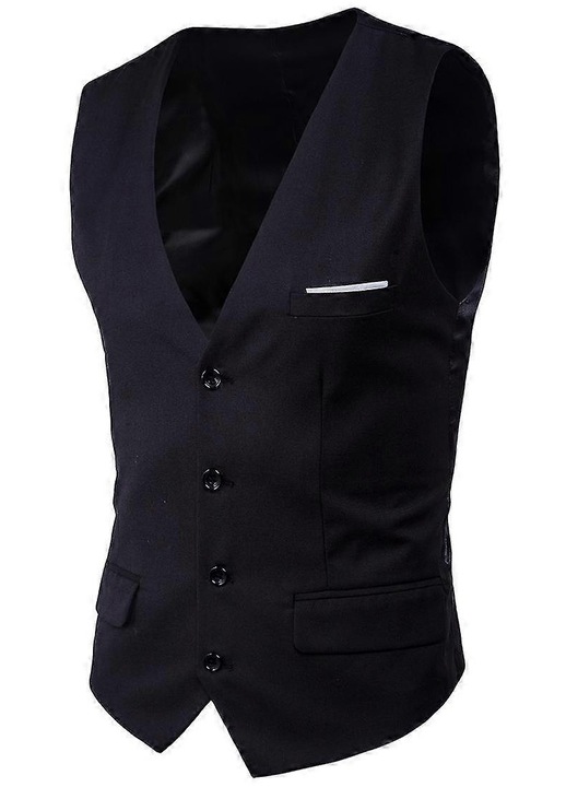 Vesta de costum pentru barbati, slim fit, neagra, material amestec poliester-bumbac, curea reglabila, 4 nasturi, M INTL