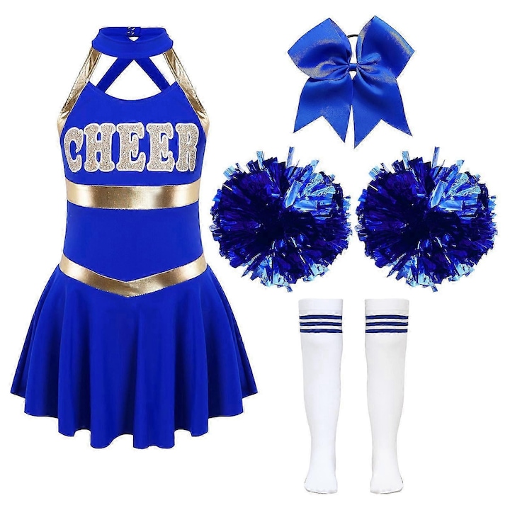 Costum de dans pentru fetite, set 5 piese, imprimeu "CHEER", albastru, 7-8 ani
