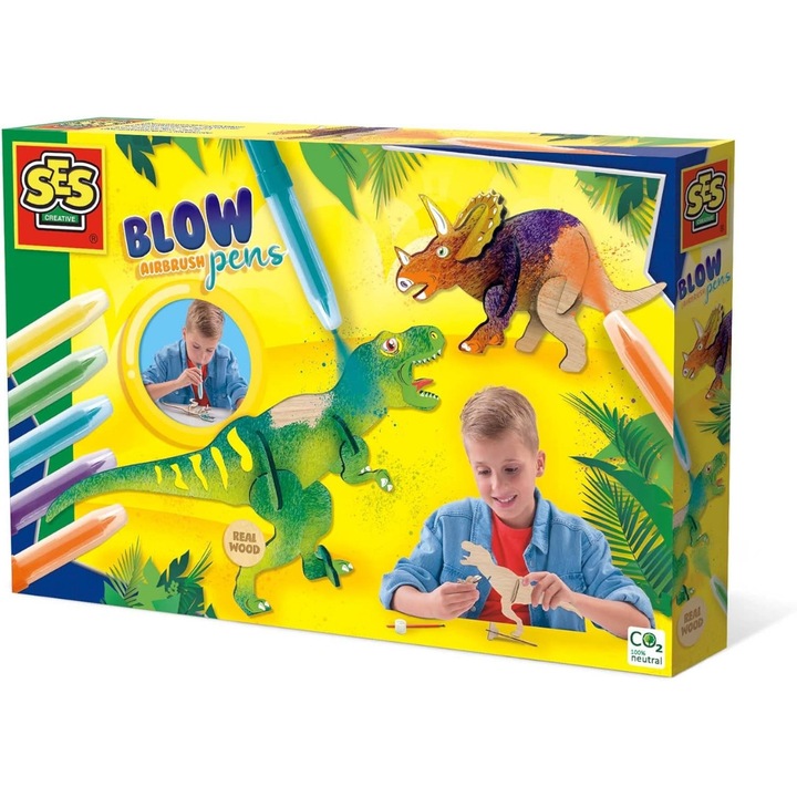Set de desen SES Creative - Carioci cu aerograf, dinozauri din lemn