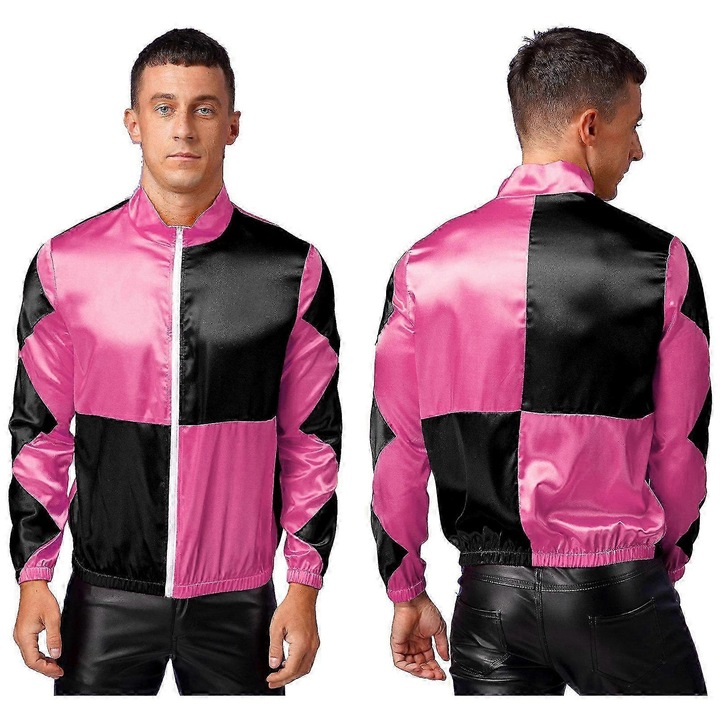 Jacheta costum de carnaval pentru barbati, roz fucsia si negru, marimi M-3XL, din poliester, cu fermoar si guler inalt, set 1Pc