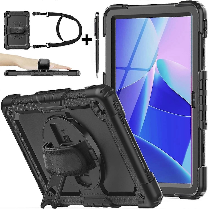 Husa pentru tableta Lenovo Tab M10 Plus 3rd Generation 10.6 Inch 2022, protectie socuri, suport rotativ 360°, curea ajustabila, neagra