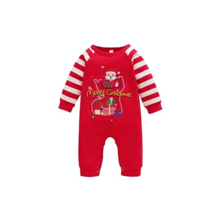 Salopeta pentru copii, model de Craciun, cu maneci lungi, rosu