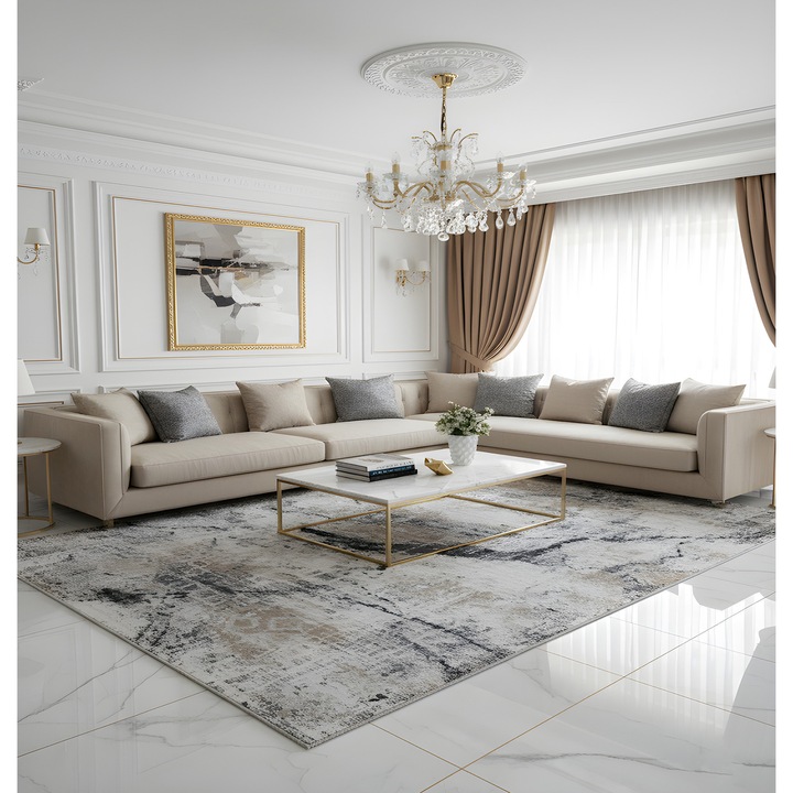 Covor Pala Carpet TAKSIM, crem/negru cu accente gri, 200x300cm, grosime 12mm, antialergic, antistatic