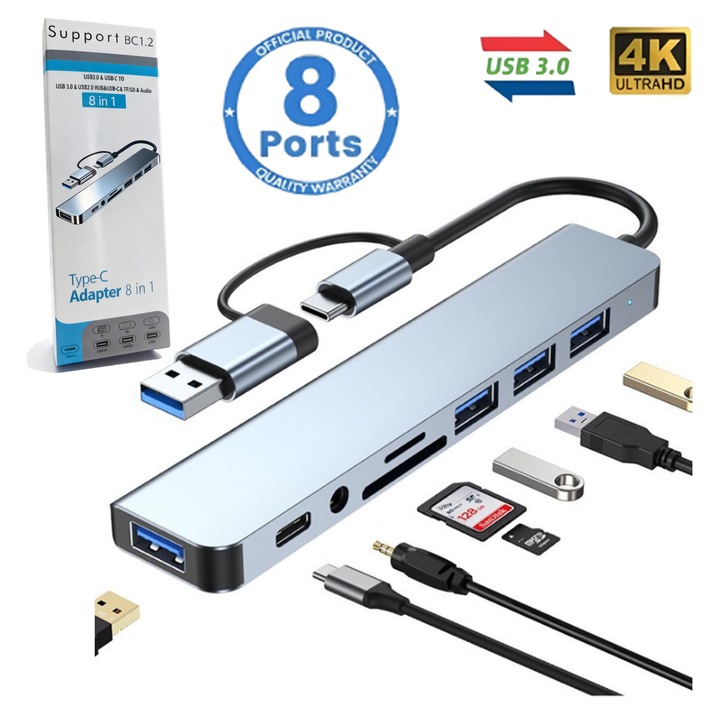 Хъб USB 8 в 2 oein® Тип C / USB 3.0, Множество типове интерфейси, С четец на карти, Многопортов адаптер, Защита от свръхток, 4K*2K видео резолюция, 60W, 480 Mbps, 5 Gbps