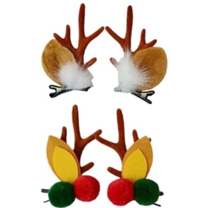 Set 2 Clips Antler Craciun cu Pene Maro si Bile de Par Maro