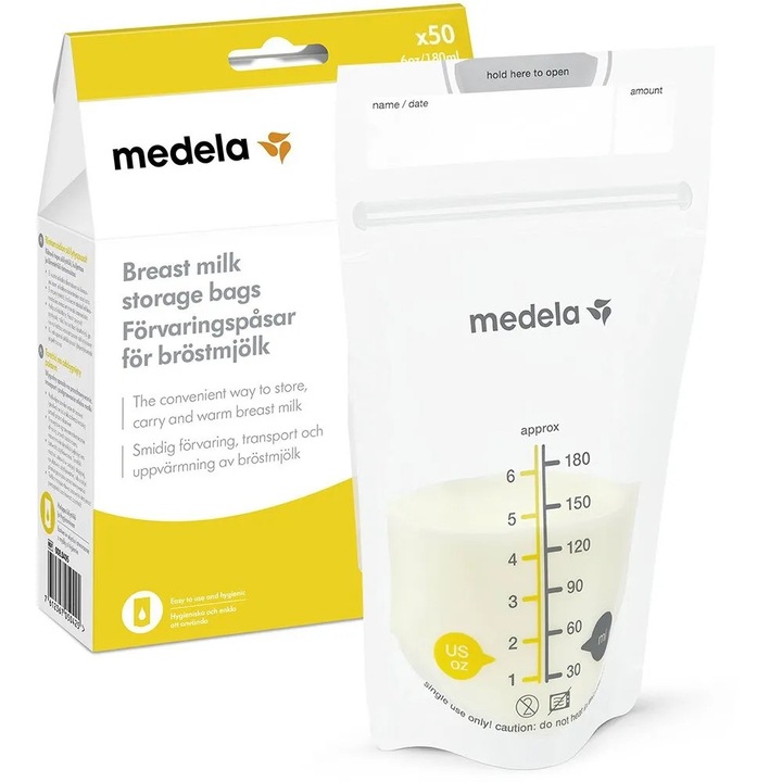 Pungi pentru depozitarea laptelui matern Medela, 50 bucăți, 180 ml, presterilizate, fără BPA