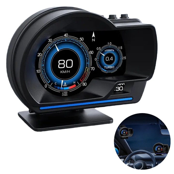 OBD2 autó műszerfal, 10 interfészes multifunkciós kijelző, állítható tartó, fekete