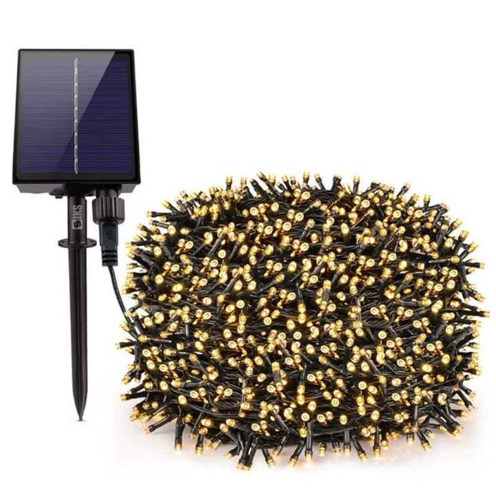 Instalatie de Craciun Liniara Solara SIKS, 30m, 300 LED-uri, Alb Cald, Alimentare Solară, USB, Rezistentă la Apă