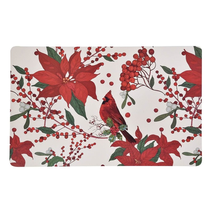 Suport Farfurie de Craciun Ecru cu Craciunite Rosii Pasare 43.5x28.5cm