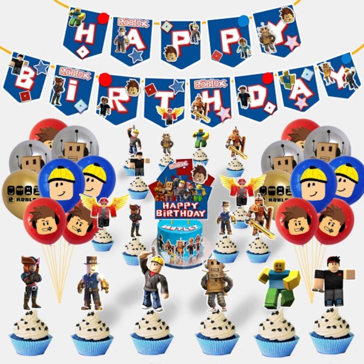 Set de aniversare pentru petrecere Roblox, 32x baloane, banner La multi ani, 16x cupcake Topper, 1x Cake Topper, multicolor