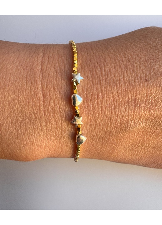 Bratara cu charm inima si steluta din argint 925, hematit, design elegant, lungime reglabila 16x19cm