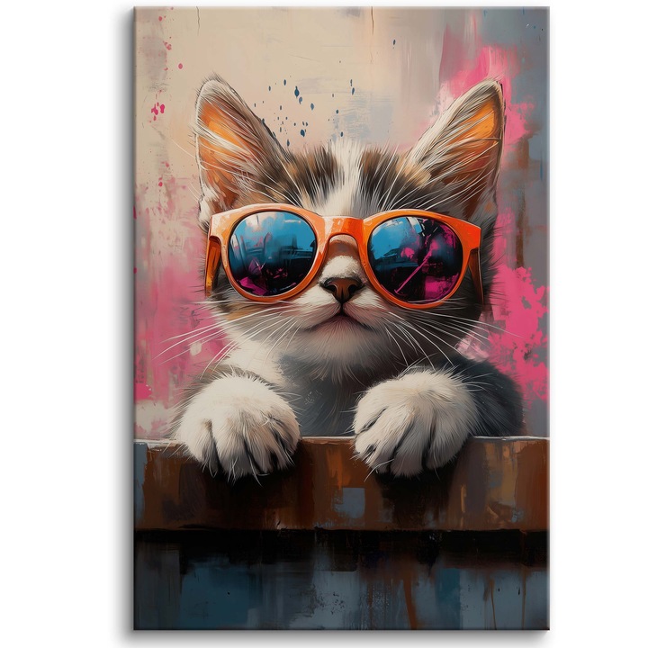 Tablou, Stickerkomania, Pisica, 80x120 cm, Imprimeu rezistent la apa, Cerneluri ecologice, Gata de agatat, Intins pe rama, Fete imprimate, Rama din lemn de 20 mm, Greutate panza 200 g/m², Rezistenta ridicata a materialului, Productie ecologica, Metoda de