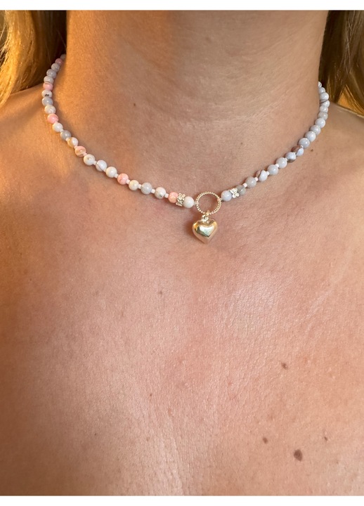 Colier din agata albastra si roz, pandantiv din argint 925