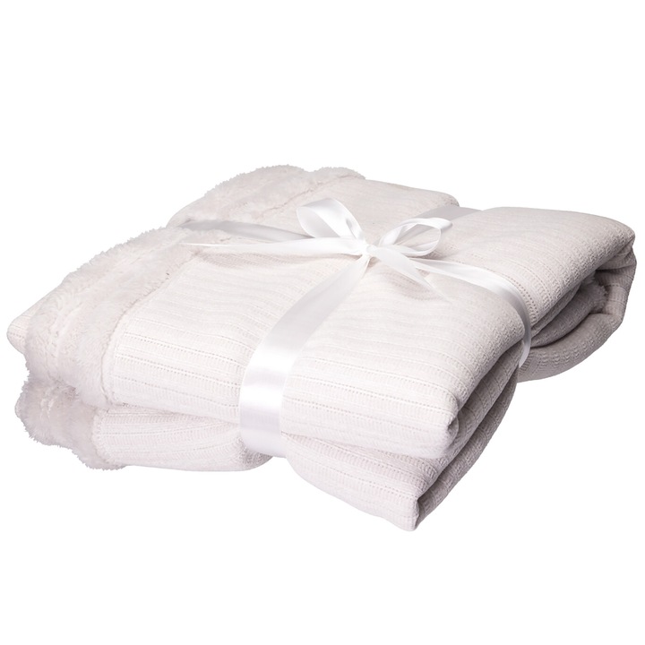 Patură decorativă, EDANTI, Patură de Crăciun, 150x125 cm, alb, material chenille și sherpa