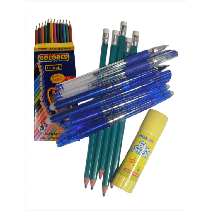 Set rechizite scolare, creioane HB, creioane colorate, Pix cu gel, lipici hartie