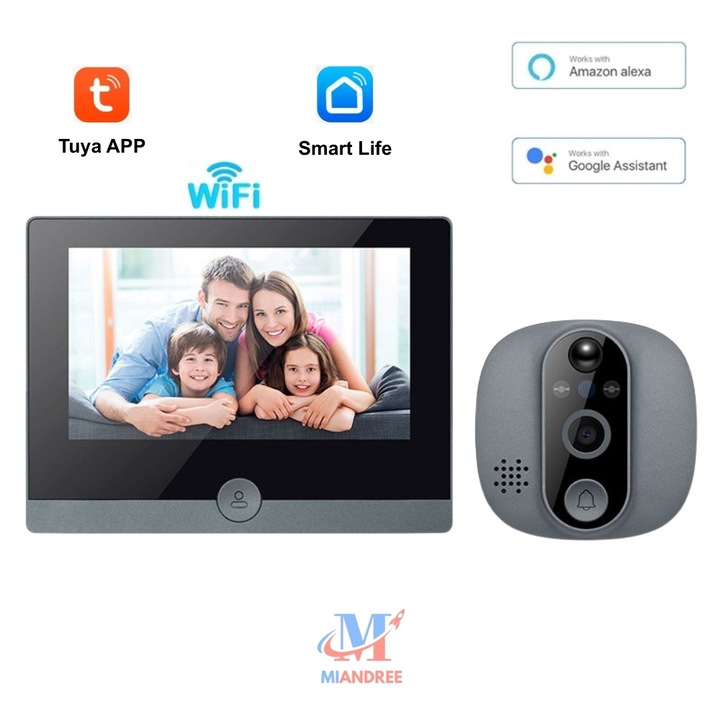 Vizor Electronic Inteligent Wi-Fi, MIANDREE®, Camera 1080P HD, Ecran LCD 4.3 Inch, Senzor Miscare, Audio Bidirectional, Vizualizare Nocturna, Aplicatie Telefon Android/iOS, Baterie Reincarcabila 5000mAh, Instalare Usoara, Supraveghere Sigura, Gri Inchis