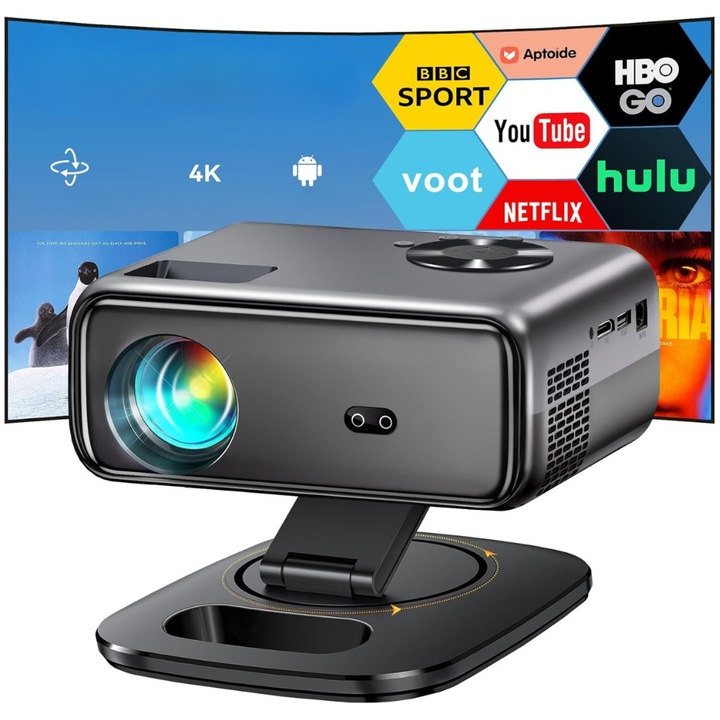 Videoproiector 1080P Full HD, WiFi 6, Bluetooth 5.2, 20000 Lumeni, Suport 4K, Rezolutie 1920 x 1080, LCD, LED, HDMI, AV, USB, RJ45, Audio, Mirroring, Zoom, Corectie Trapezoidala 4D, Difuzor Incorporat, Contrast 20.000:1, Telecomanda, Suport Rotativ, Negru