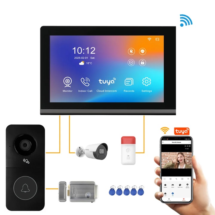 Videointerfon Smart Tuya 7” Touch, CRISTALIS SALE™ Camera 1080P, PIR, Night Vision, IP65 cloud si card microSD