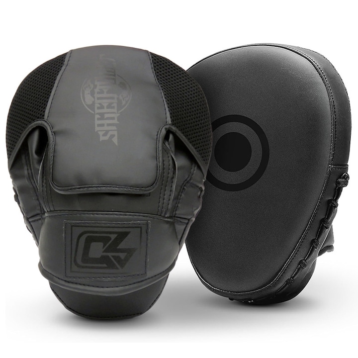 Комплект 2 палци за контактни спортове, 25x19x8 см, екологична PU кожа / дебела гъбена възглавница, дишащи, удобни, подходящи за тренировки по бокс, таекуондо, карате и други, унисекс, черни